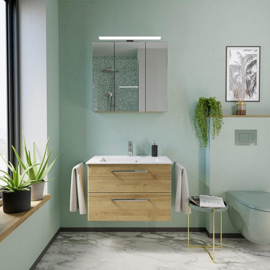 Saphir Badmeubelset Trentino 2-delig mineralen marmer wasbak spiegelkast met LED-lamp (3 stuks)