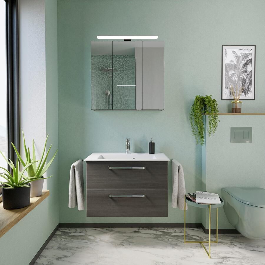 Saphir Badmeubelset Trentino 2-delig mineralen marmer wasbak spiegelkast met LED-lamp (3 stuks)