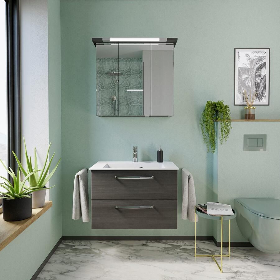 Saphir Badmeubelset Trentino 2-delig mineralen marmer wasbak spiegelkast met LED-profiel (3 stuks)