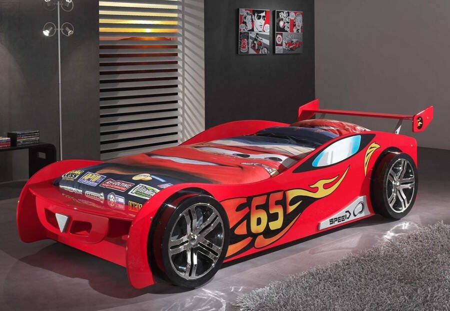 Vipack Kinderledikant Autobed LE MANS MDF glanzend gelakt met race-motieven incl. lattenbodem met achterspoiler een blikvanger in de kinderkamer