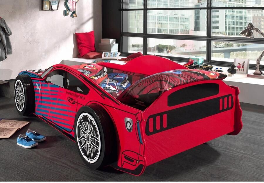 Vipack Autoledikant Sportwagen-uitstraling ligoppervlak 90 200 MDF glanzend gelakt opvallende voorkant van kunststof een highlight in de kinderkamer