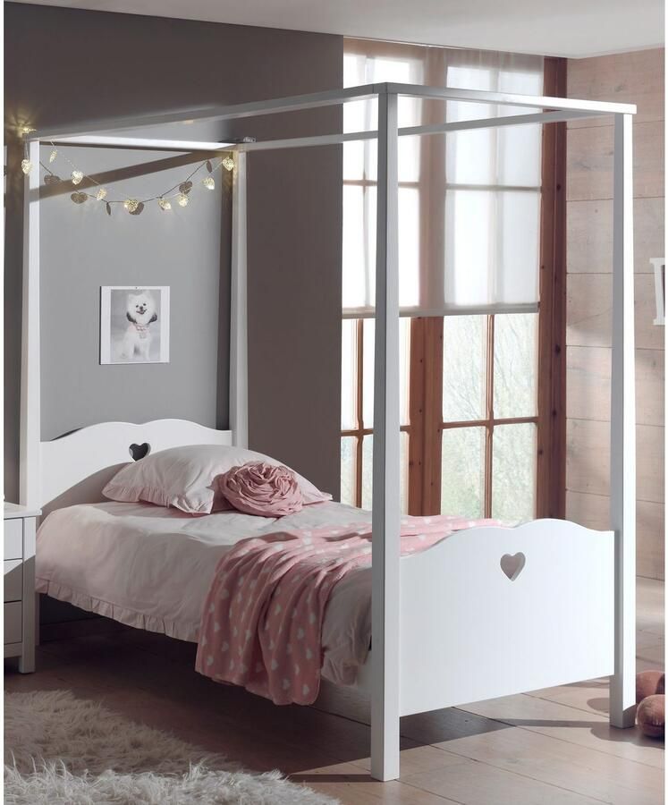 Vipack Hemelbed Amori ligoppervlak 90 200 cm incl. hemelstang zonder textielgordijn stabiel en stevig gebouwd wit gelakt - Foto 4