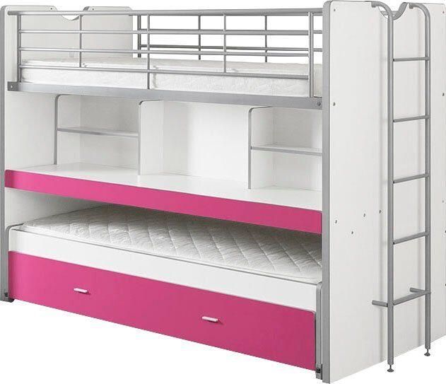 Vipack Hoogslaper Bonny met 3 slaapplaatsen super praktisch in de kinderkamer met groot schrijfblad planken veel functionaliteit op kleine ruimte