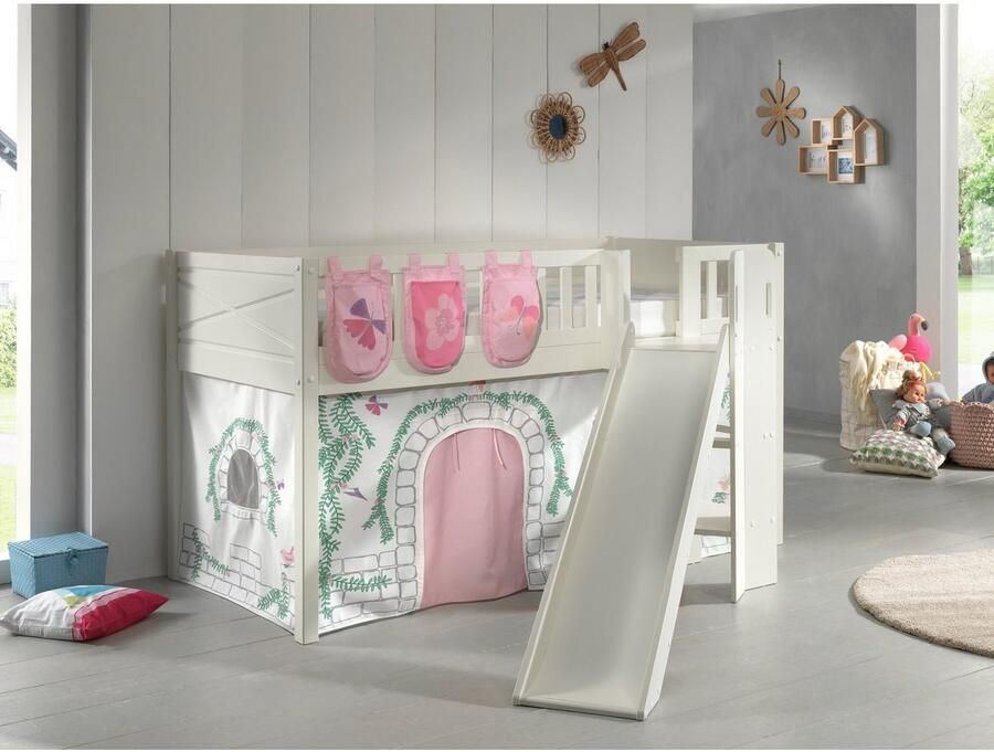 Vipack Hoogslaper Scott m. glijbaan ladder toren ligoppervlak 90 x 200 cm doek opbergvak 4 designs