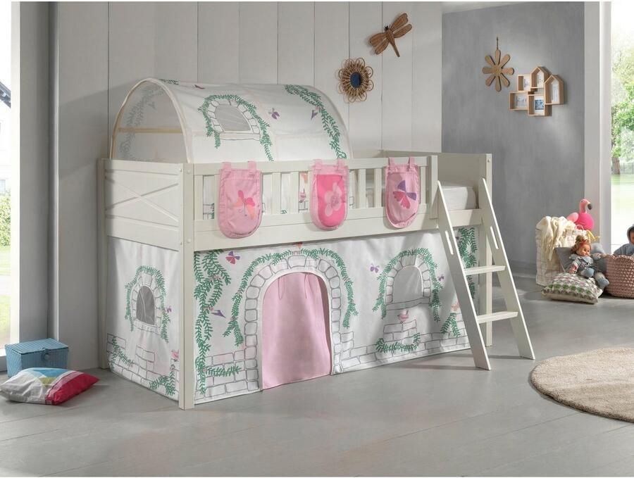 Vipack Halfhoogslaper Scottie 90x200cm Met birdy-speelgordijn 3 opbergzakjes en bedtunnel Wit