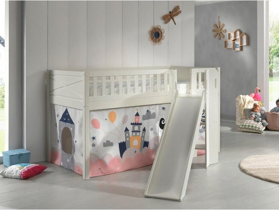 Vipack Hoogslaper Scott speelbed massief dennenhout wit gelakt met lattenbodem met glij- laddertoren lf 90x200 cm inclusief gordijn 7 ontwerpen