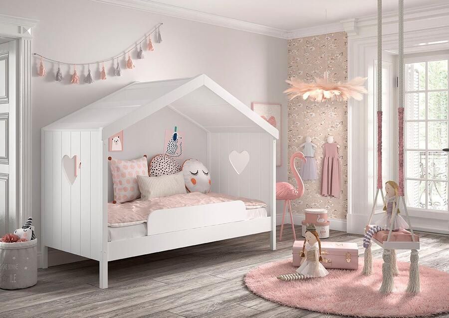 Vipack Huisbed Amori incl. dak achterzijde open met lattenbodem keuze met of zonder lade en valbeveiliging wit gelakt