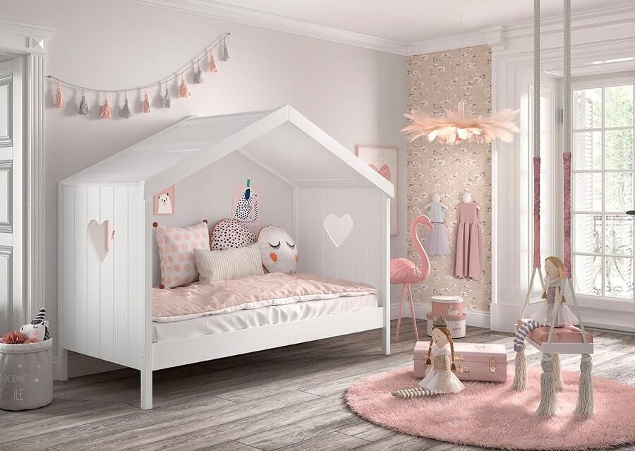 Vipack Huisbed Amori incl. dak achterzijde open met lattenbodem Ligoppervlak 90 x 200 cm een hoogtepunt in de kinderkamer wit gelakt - Foto 2