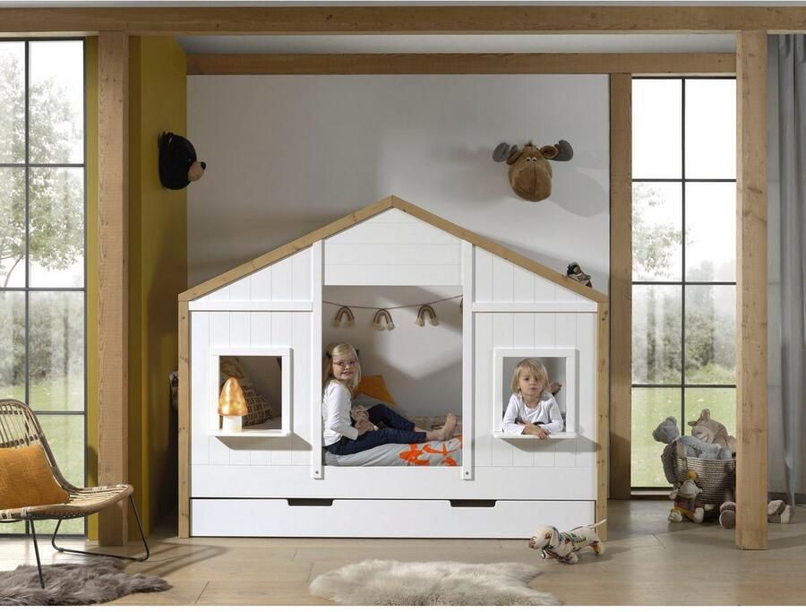 Vipack Bedhuisje Bambino 90x200 met bedlade MDF en dennenhout wit naturel