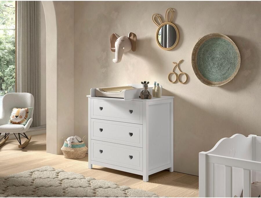 Vipack Kast Amori met 3 ruime lades hier heeft u alles binnen handbereik incl. verschoningsblad van massief grenen commode van wit gelakt mdf (2 stuks)