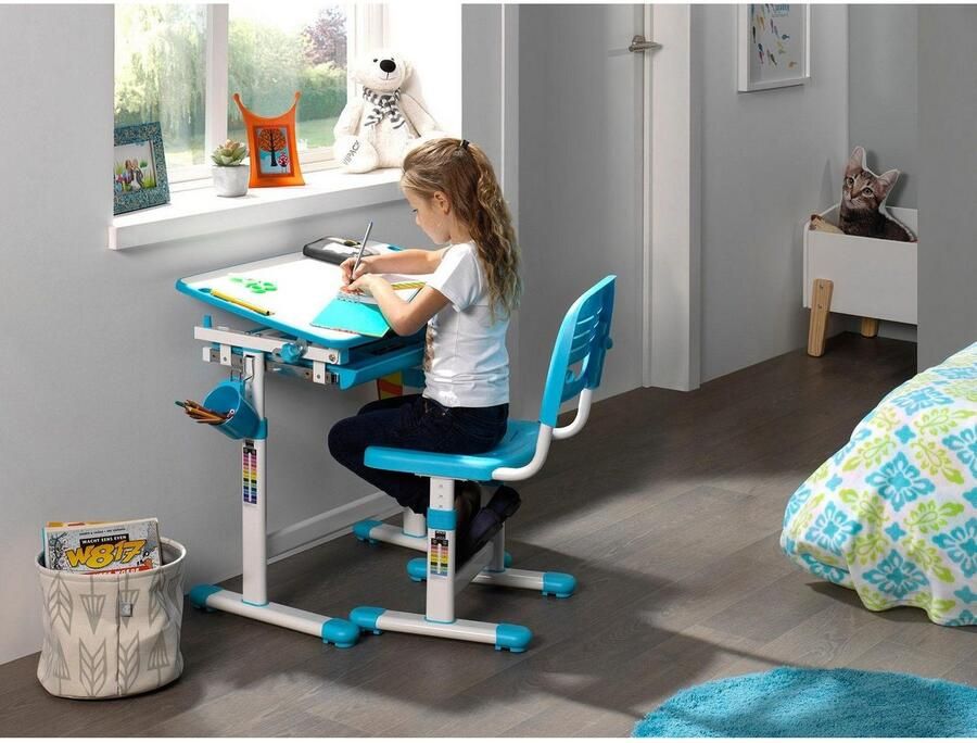Vipack Kinderbureau Comfortline met hoogteverstelling incl. tas- en bekerhouder incl. stoel en verstelbaar schrijfoppervlak praktische functies (set) - Foto 3