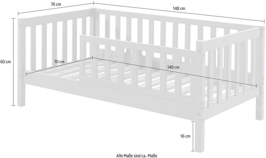 Vipack Kinderledikant Junior massief dennenhout met rondom spijlen en lattenbodem