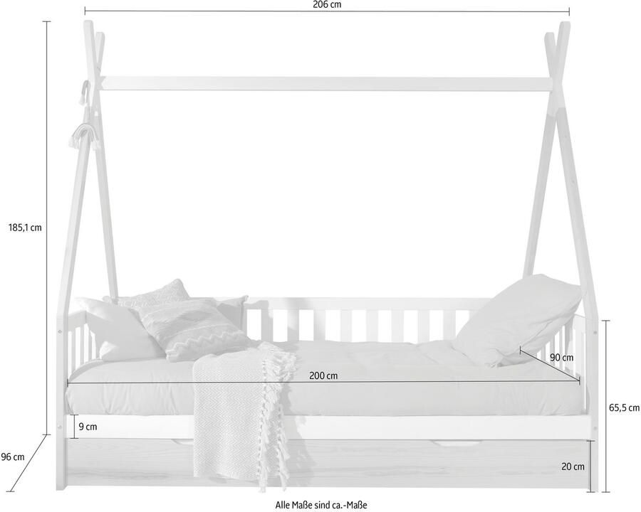 Vipack Kinderledikant Tipi met dwarsbalk in tent-uitstraling massief dennenhout