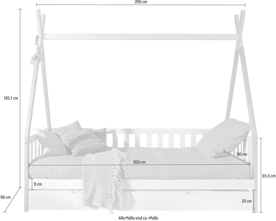 Vipack Kinderledikant Tipi met dwarsbalk in tent-uitstraling massief dennenhout