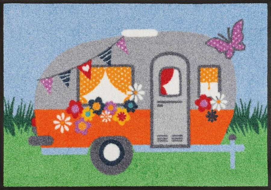 Wash+dry by Kleen-Tex Mat Happy Camping Inloopmat motief caravan antislip wasbaar