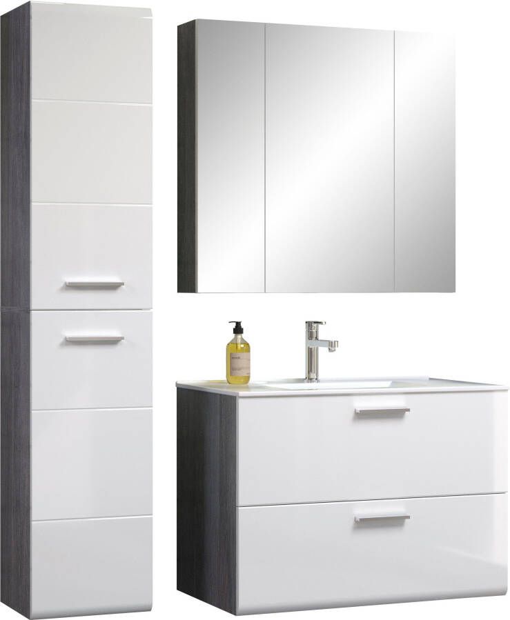 Welltime Badkamerserie Ravenna Hoge kast wastafel spiegelkast met wasmand en wastafel (3-delig)