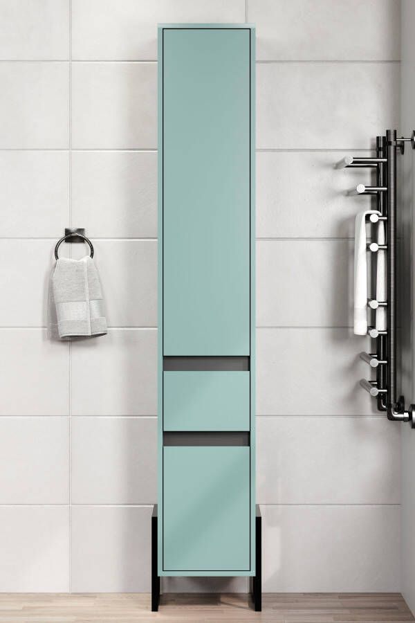 Welltime Hoge kast Malcesine Griffloser badkamerkast in blauw met metalen frame (B D H) 36 35 190 cm (1 stuk)