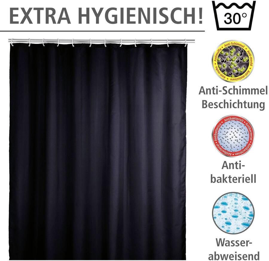 Wenko Anti-schimmel douchegordijn uni zwart 180x200cm polyester inclusief ophangringen