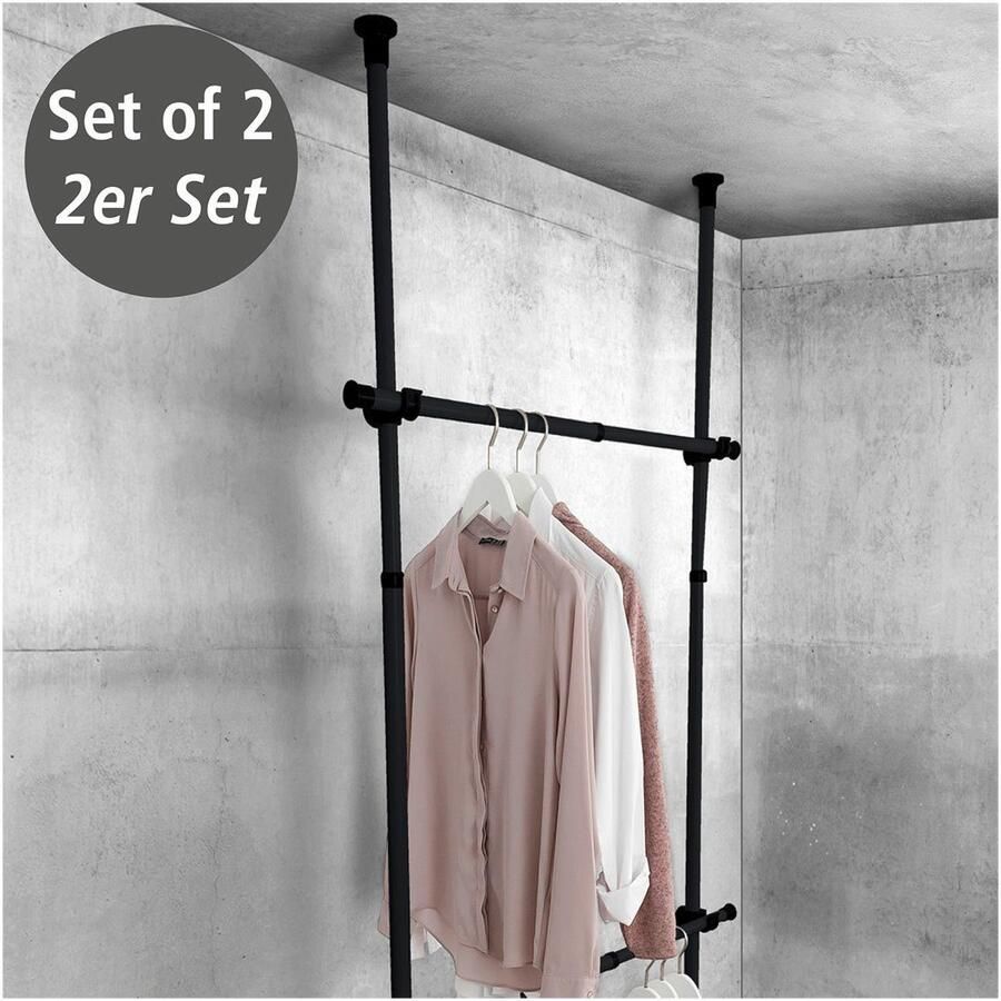 Wenko Modulair zwart rek Horizontale telescopische kledingroede 2 stuks Ophangen zonder boren