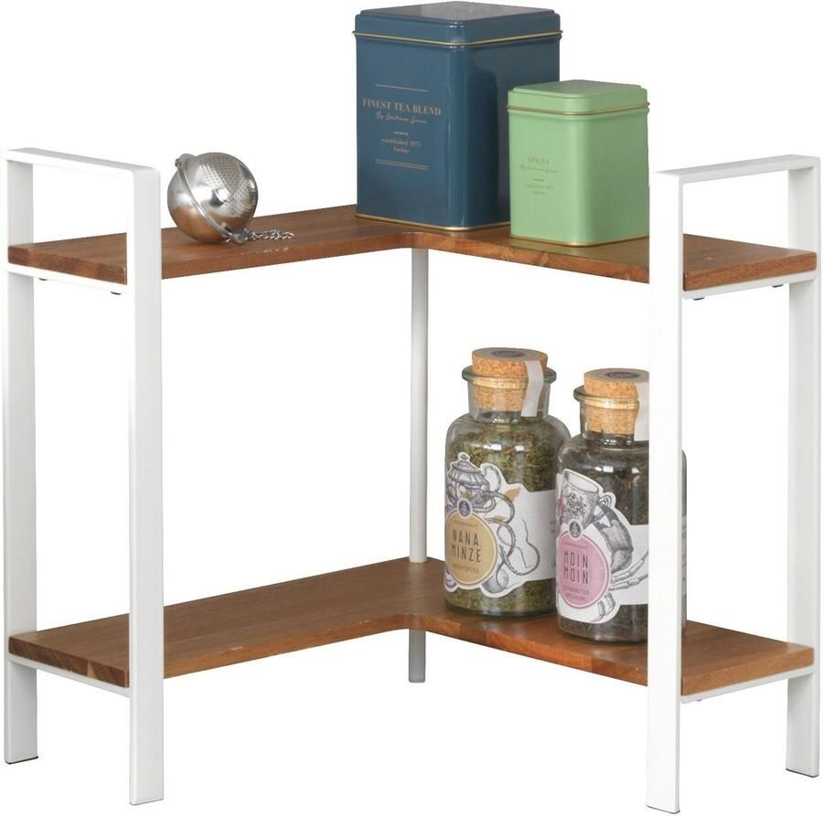 Wenko Keukenrek Model Louisa 2 etages staand keuken-hoekrek met acaciahouten planken voor het werkblad