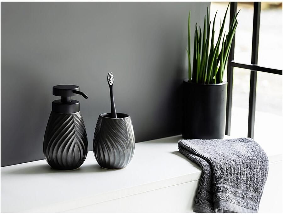Wenko Set badkameraccessoires Model Idro antraciet Zeepdispenser en tandenborstelbeker van keramiek lijnstructuur (2-delig)