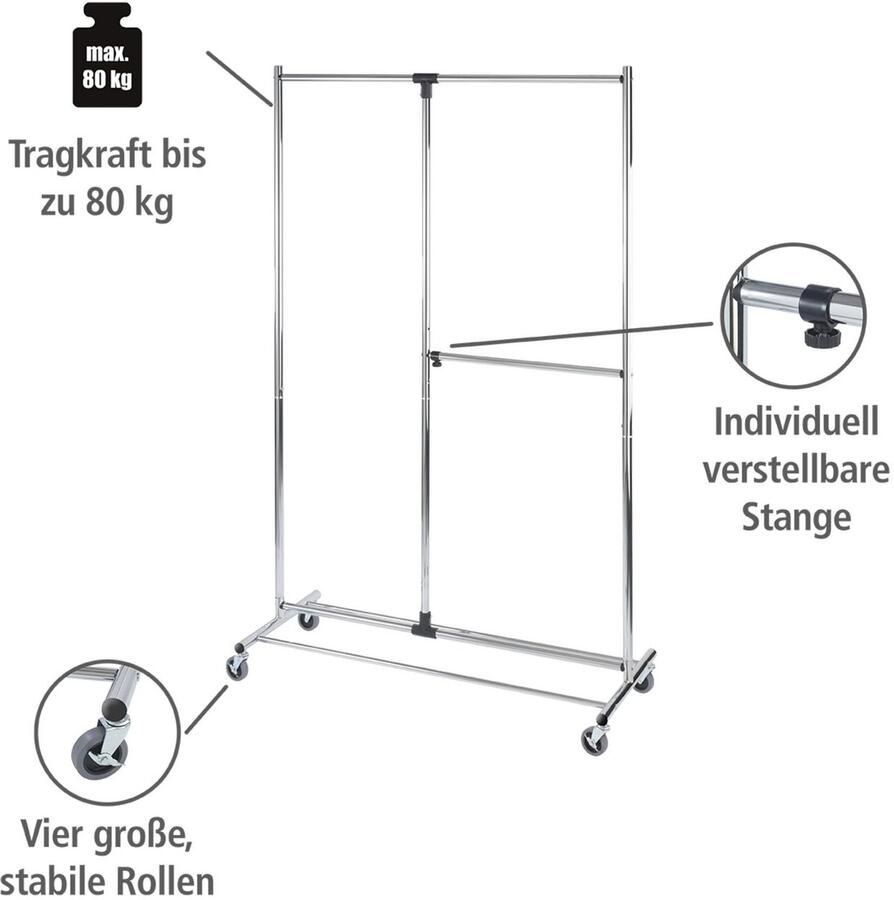 Wenko profissimo | rollend kledingrek | chroom met zwarte accenten | 188 x 116 x 49 cm (HxBxD) | indeling naar keuze aan te passen