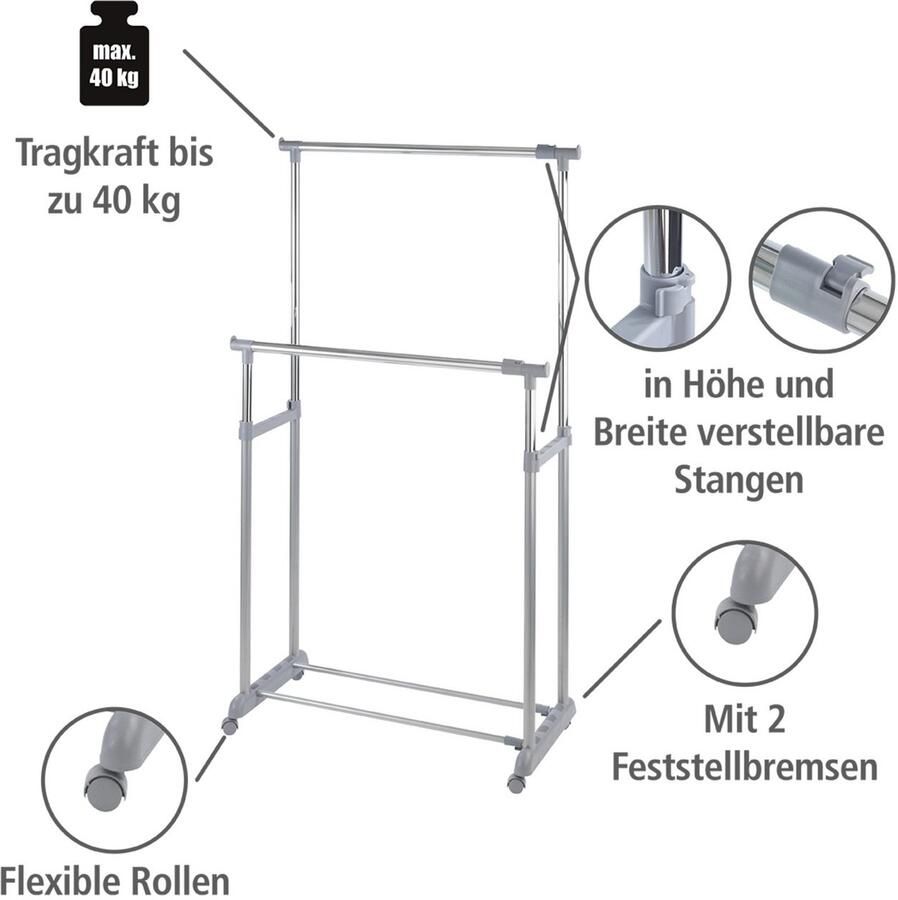 Wenko Staande kapstok Model Twin Bars Kledingrek met 2 stangen hoogte verstelbaar met 4 wielen