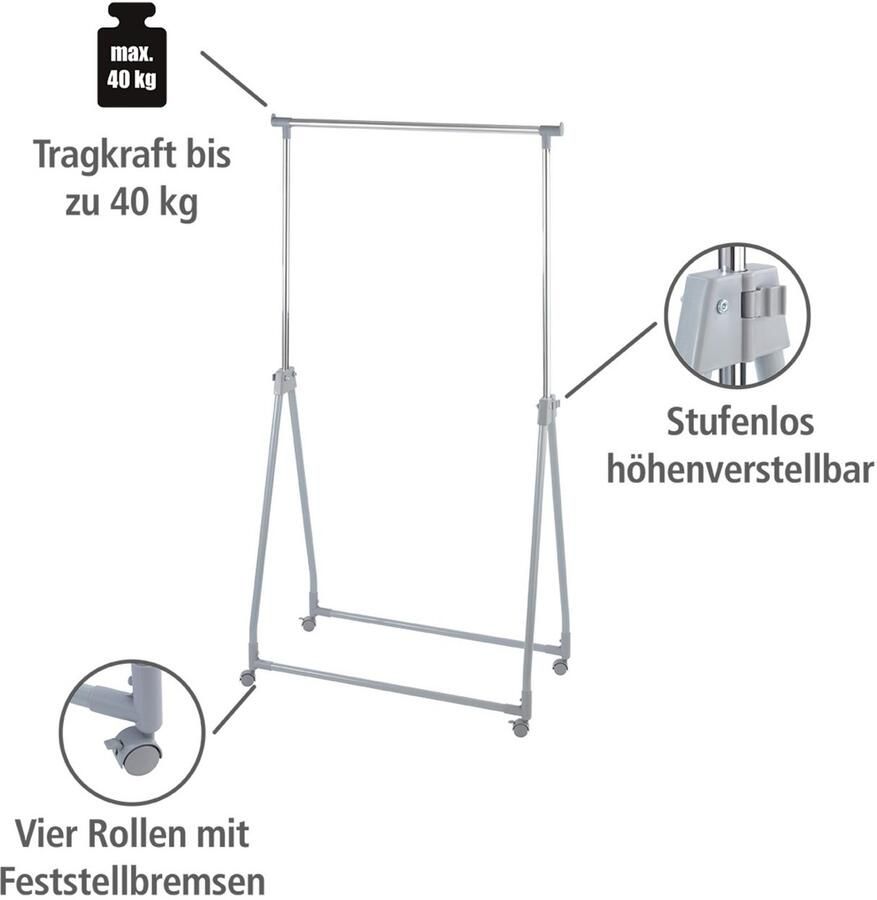 Wenko Staande kapstok traploos in hoogte verstelbaar (99-167 cm) met 4 wielen draagkracht 40 kg