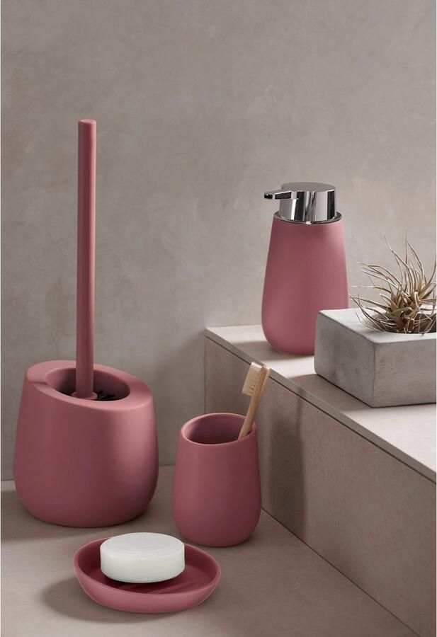 Wenko Toiletset Badi badkameraccessoire van hoogwaardige keramiek met een mat oppervlak incl. toiletborstel met Ø 7 5 cm siliconenborstelkop in zwart met anti-hechteffect Ø 13 5 × 38 cm oudroze