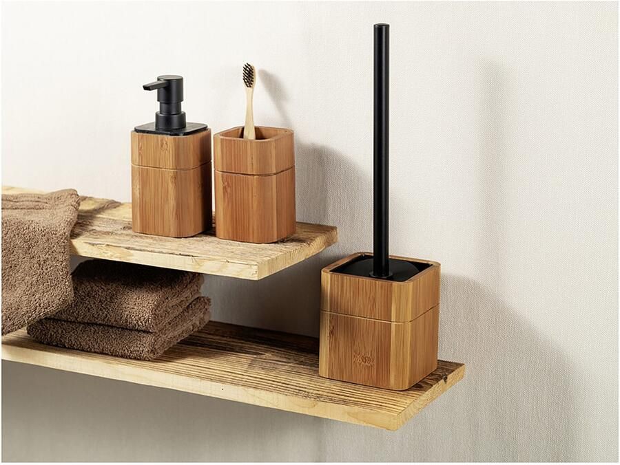 Wenko Toiletset Model Serro WC-borstelhouder van stevig bamboe met verwisselbare borstelkop