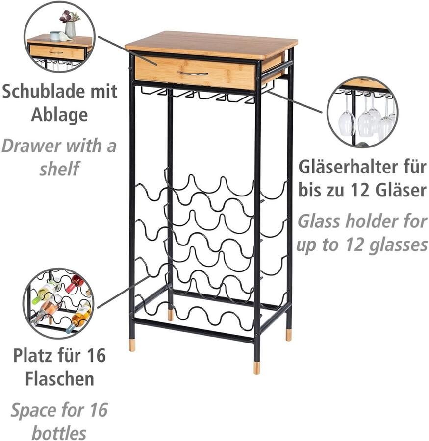 Wenko Wijnflessenhouder Model Loft Flessenrek voor 16 flessen met lade metaal en bamboe
