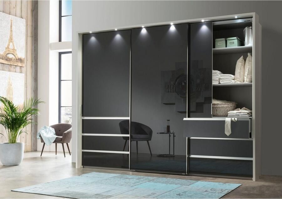 WIEMANN Zweefdeurkast Malibu stijlvolle design gemaakt in Duitsland met glazen front in verschillende breedten zelfsluitende laden