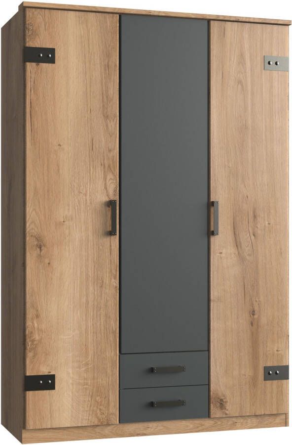 Woonexpress Kledingkast Stratum Houtlook Naturel 135 x 199 x 58 cm (BxHxD) 2 lades en 3 deuren Zwart naturel kleur Draaideurkast