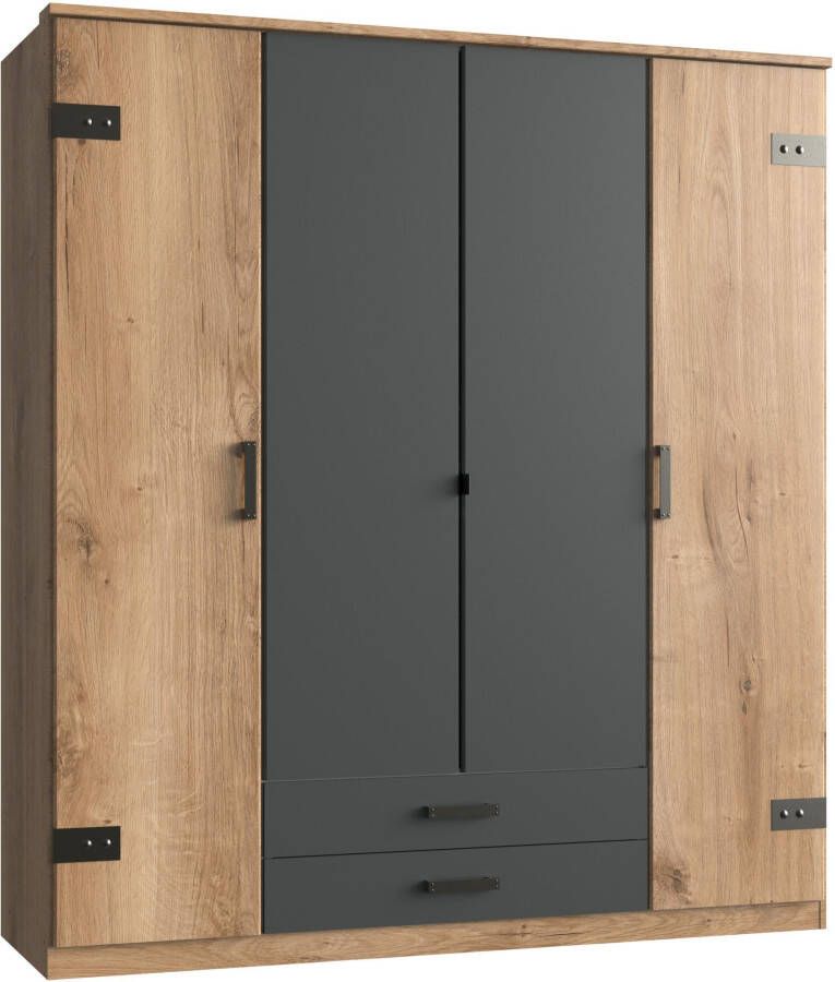 Woonexpress Kledingkast Stratum Houtlook Naturel 135 x 199 x 58 cm (BxHxD) 2 lades en 3 deuren Zwart naturel kleur Draaideurkast
