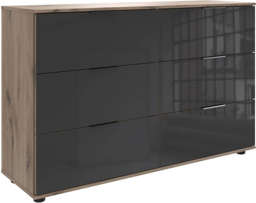 Wimex Ladekast Leonberg sideboard met 6 lades met glazen front b d h 130 41 83 cm zwarte metalen handgrepen