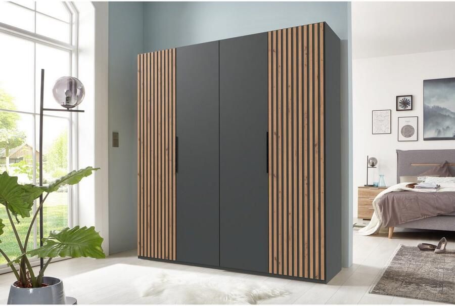 Woonexpress Kledingkast Bakel Hout Zwart 200 x 216 x 58 cm (BxHxD) Draaideurkast Deur met 3D verticale houtlook lamellen - Foto 5
