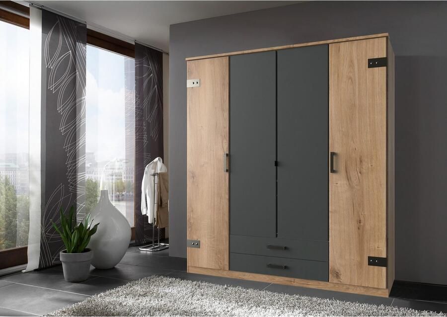 Woonexpress Kledingkast Stratum Houtlook Naturel 135 x 199 x 58 cm (BxHxD) 2 lades en 3 deuren Zwart naturel kleur Draaideurkast - Foto 3