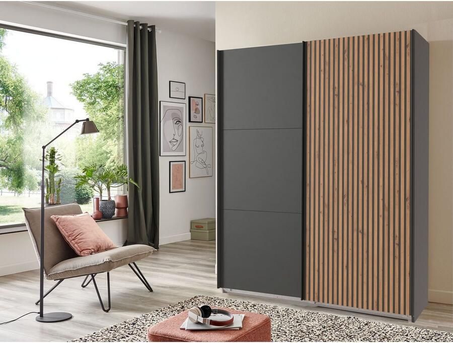 Woonexpress Kledingkast Bakel Hout Zwart 200 x 216 x 65 cm (BxHxD) Schuifdeurkast Deur met 3D verticale houtlook lamellen - Foto 4