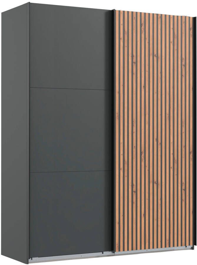 Woonexpress Kledingkast Bakel Hout Zwart 200 x 216 x 65 cm (BxHxD) Schuifdeurkast Deur met 3D verticale houtlook lamellen - Foto 2