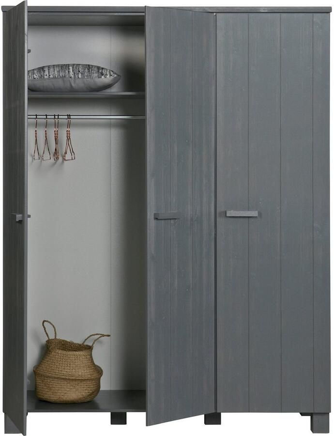 WOOOD | Dennis 3-deurs Kast Grenen Steel Grey Geborsteld | Slaapkamerkasten | KledingkastLinnenkast - Foto 3