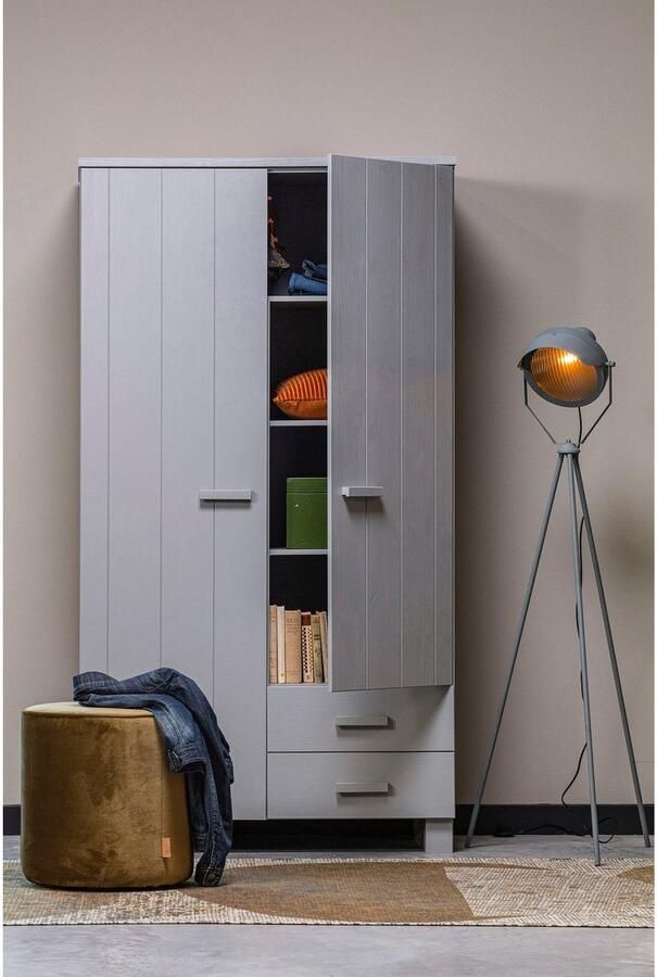 WOOOD | Dennis Kast Met Laden Grenen Betongrijs Geborsteld | Slaapkamerkasten | KledingkastLinnenkast - Foto 2