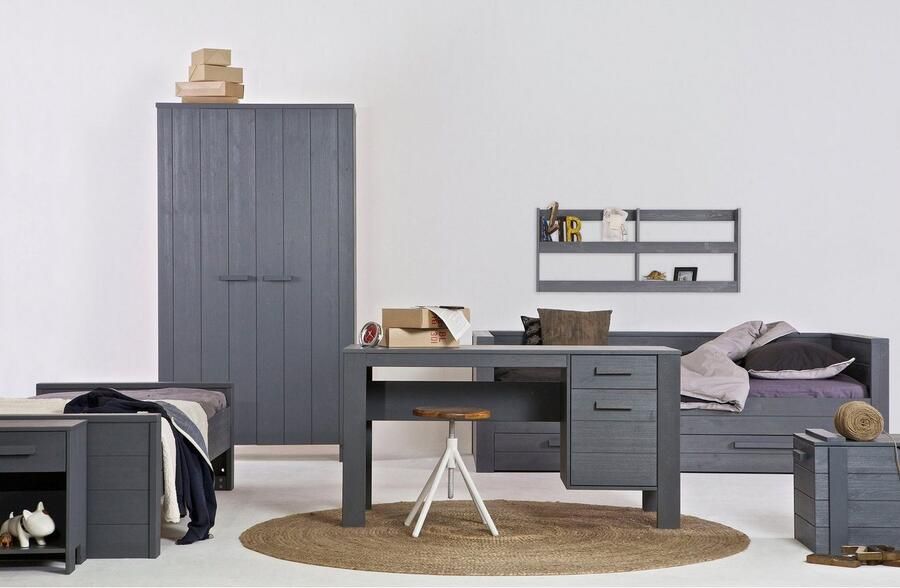 WOOOD | Dennis Kast Grenen Steel Grey Geborsteld | Slaapkamerkasten | KledingkastLinnenkast - Foto 3