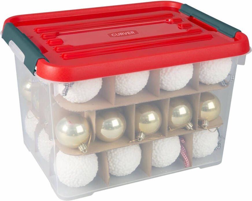 Allibert Curver kerst opbergbox Handy+ met tussenkarton transparant rood 20L