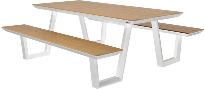 AXI Nori Picknicktafel met 2 banken Wit met Teak-look Polywood – Gepoedercoat aluminium frame – Tafel en banken met Polywood tafelblad en zitvlak 200x190cm