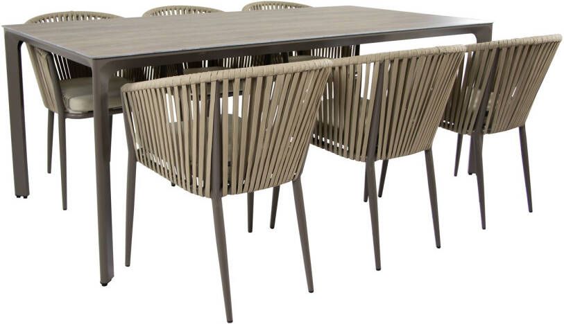 AXI Resi Tuinset met 6 stoelen Taupe met Hout-look PSPC – Gepoedercoat aluminium frame – Stoel met kaki kussen en Textileen geweven vlakke touwen PSPC tafelblad