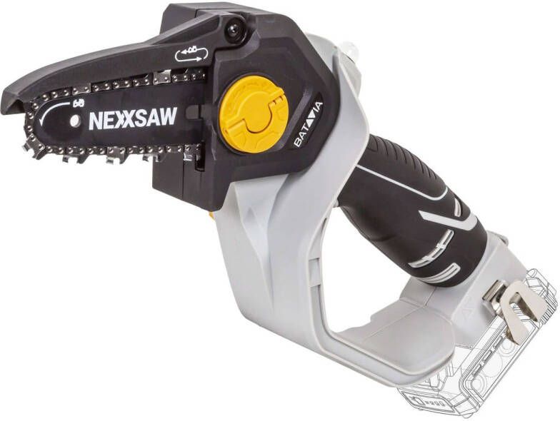 Batavia Mini Kettingzaag Chainsaw 6'' Nexxsaw 18V Incl. 2.0 Ah Accu 4.0 Ah Lader Met deze compacte kettingzaag zaag je snel en gemakkelijk takken en andere houtsoorten Maxxpack