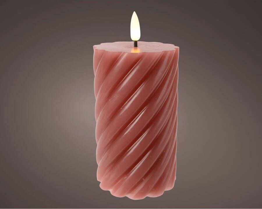 Lumineo LED Kaars swirl velours roze met vlam effect--met flikkerende vlam- Ø7 5x15cm werkt op batterij met timer
