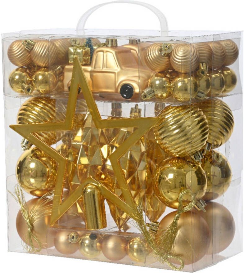 Decoris Kerstballen Ornamenten En Piek Set -67x-goud-kunststof