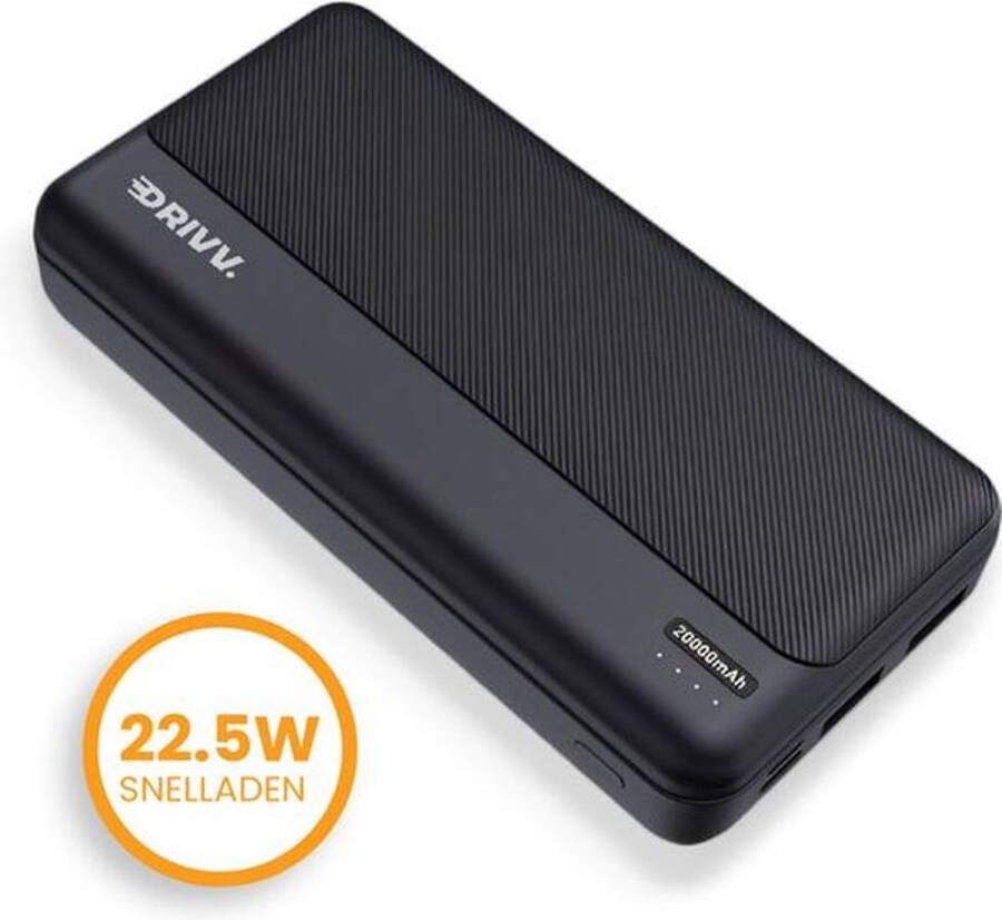 Drivv. Powerbank 20.000 Mah 22.5w Snellader Fast Charge Usb 3.0 Usb C Zwart