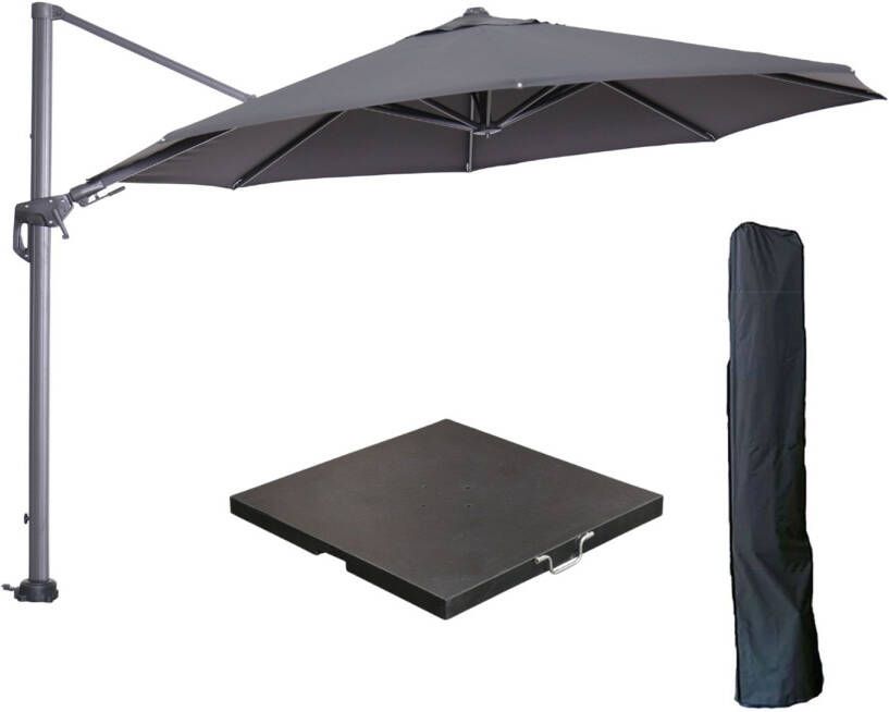 Garden Impressions Hawaii zweefparasol Ø350 cm carbon black donker grijs met 90kg black polished parasolvoet en parasolhoes